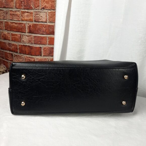 Black Braided Handle Vegan Faux Leather Shoulder Bag Multiple Compartments - Picture 5 of 12